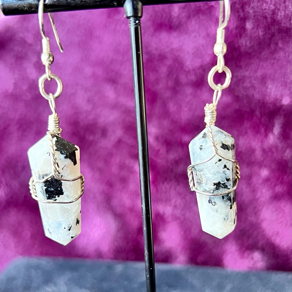 Wire wrapped rainbow moonstone earrings